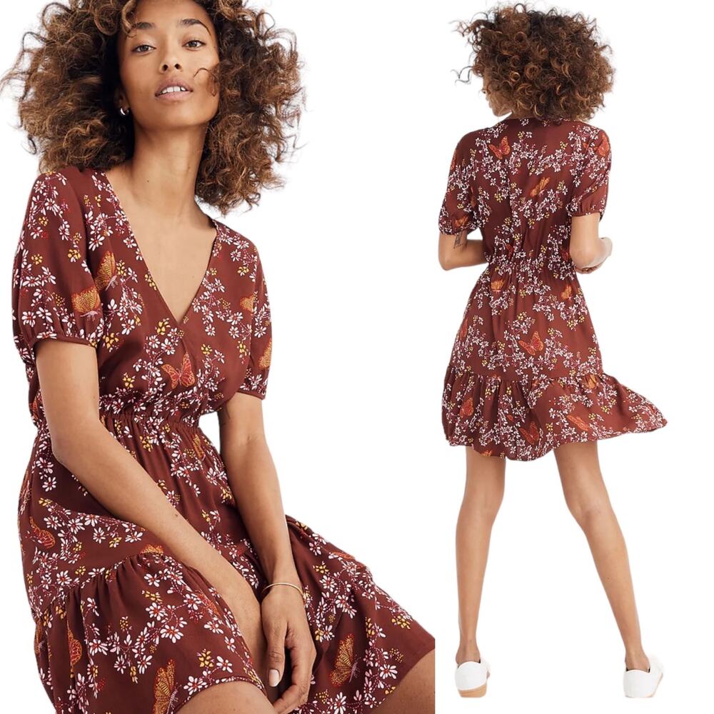 Madewell Mini Faux Wrap Dress Floral Butterfly Print Maroon Pink Yellow Womens 2